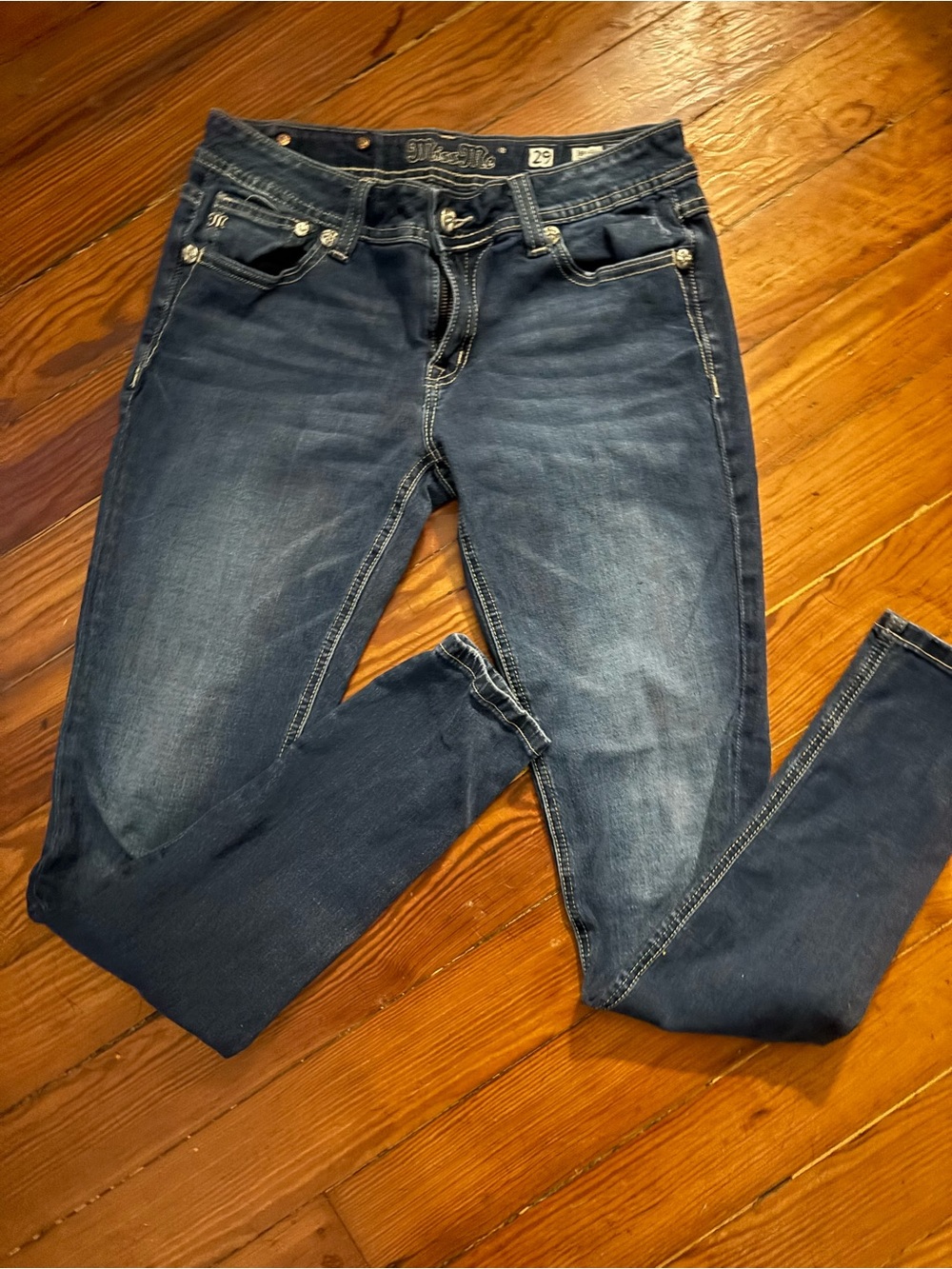 Miss Me Navy Blue Skinny Jeans with Faded Whiskering